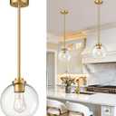 2 Pack 7.2-Inch Globe Pendant Lights, Mid Century Gold Pendant Light Fixtures, Globe Pendant Lights Kitchen Island with Clear Glass Shade Adjustable Hanging Fixture for Dining Room Bulbs not Included