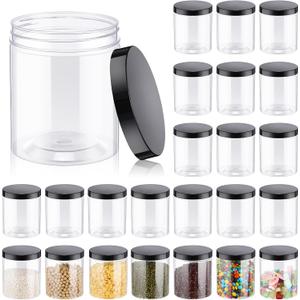 Irenare 24 Pcs 16 oz Clear Plastic Jars with Ribbed Lids Wide Mouth Food Plastic Mason Jars 16 oz Airtight Paint Storage Containers for Dried Fruit, Honey, Nuts, Kitchen Household (Black Lids)