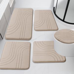 YIHOUSE Beige Bathroom Rug Set 5 Pieces, Soft Non Slip Memory Foam Bath Mats, Extra Thick Bath Mats for Bathroom, Machine Washable Bath Rugs Set for Tub, Toilet and Floor