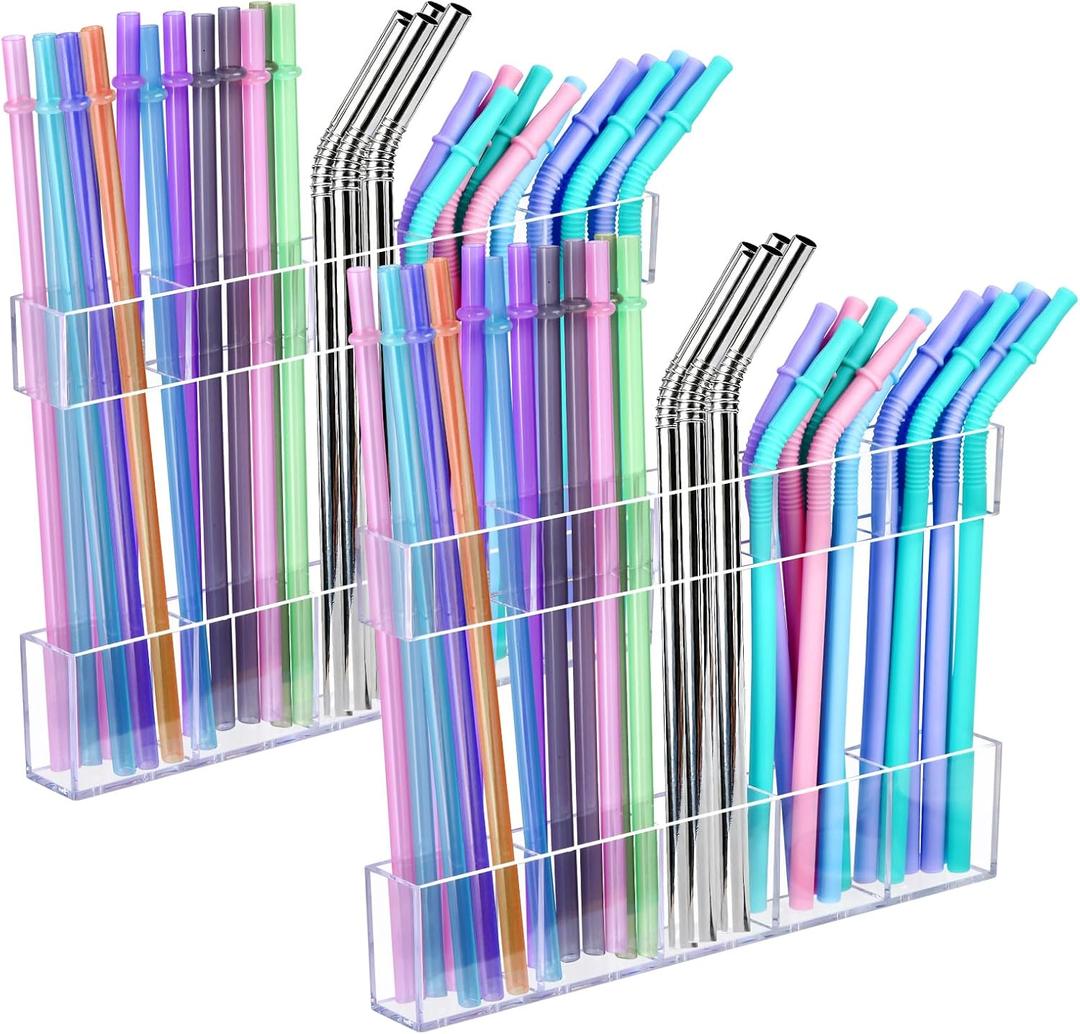 2Pack 9.5" Large Acrylic Straw Holder for Cabinet Door Kitchen Cabinets Straws Organizer, Reusable Tumbler, Small Kitchens Accessories Storage Container (Transparent), 9.50x 3.07x1.18 inch