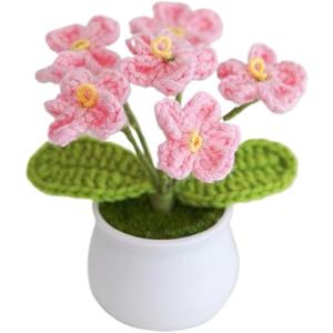 2 x Artificial Crochet Flowers, Handmade Knit Floral Arrangements for Home Decor, Wedding Bouquet Centerpiece Gift for Mothers Day, Birthday, Anniversary, Kitchen, Office Desk (Pink-A)