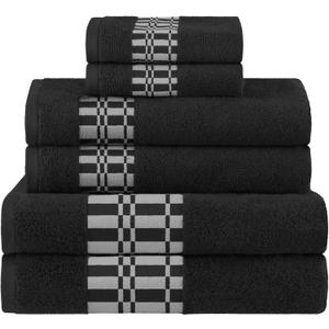 Superior 6-Piece Cotton Towel Set, Geometric Design, Dobby Border, Plush Quick Dry Towels, Decorative Bathroom, Spa, Includes 2 Bath, 2 Hand, 2 Face Towels/ Washcloth, Larissa Collection, Black