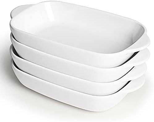 LEETOYI Ceramic Small Baking Dish 7.5-Inch Set of 4, Rectangular Bakeware with Double Handle, Baking Pans for Cooking and Cake Dinner (White)