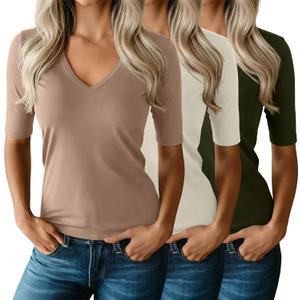 Ficerd 3 Pack Women's Half Sleeve V Neck T Shirts, Mid Elbow Length Sleeve Shirt Slim Fit Tunic Top Casual Summer Tee (X-Large, Khaki, Cream, Army Green)