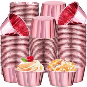 300 Pack Rose Pink Cupcake Cups Bulk Disposable Foil Muffin Liners 3.5 oz Wrappers for Baking Aluminum Paper Mini Metallic Disposable Holiday Party Wedding Festival Supply