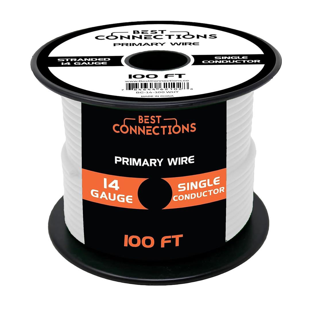 BEST CONNECTIONS Automotive Primary Wire - 100ft (Various Color Options) | Ideal for Trailer, Speaker, and Lighting Circuits | Durable Primary/Remote, Power/Ground Electrical Wiring (14 Gauge, White)