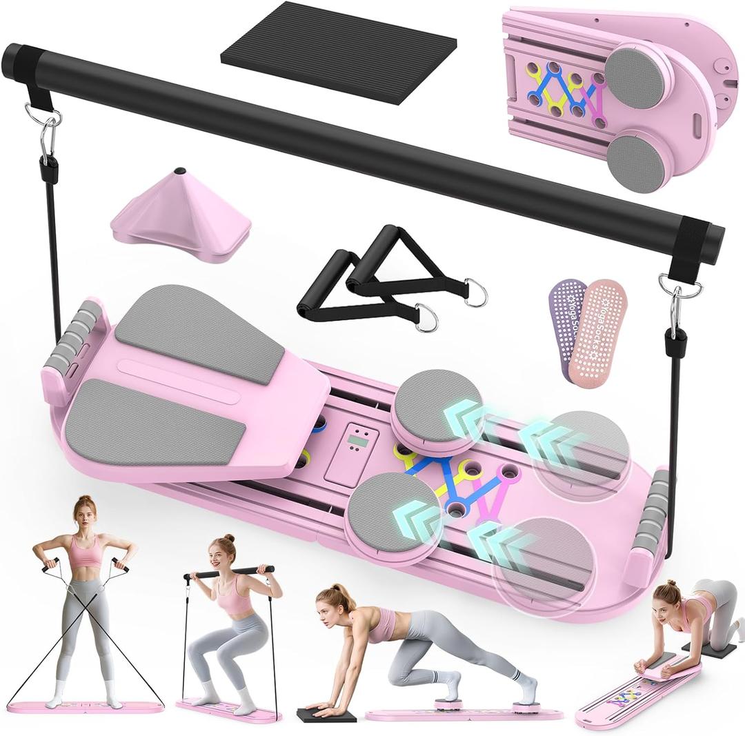 Pilates Board Pilates Reformer Set for Women, 7 in 1 Foldable Pilates Equipment with Timer, Portable Pilates Machine for Home Workout, Fitness, Exercise, Ab, Core (Pink)