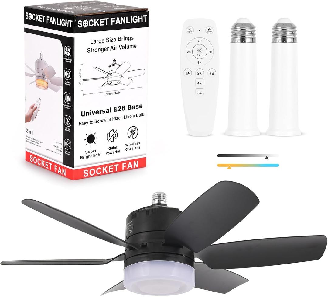 Ceiling Fan Light with Remote, 20 Inch 6 Blades Adjustable Dimmable, 3 Color Temperatures, E26 Socket, Modern Stylish Design for Bedroom (Black)