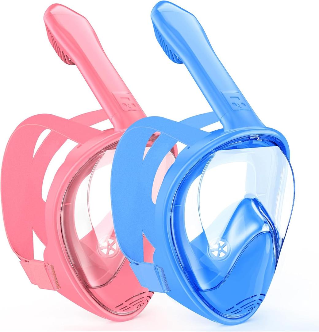 Kids Snorkel Mask Full Face, Snorkeling Gear for Kids 3-14 with Camera Mount, 180 Degree Panoramic View Snorkeling Set Anti-Fog Anti-Leak (Blue+Pink)