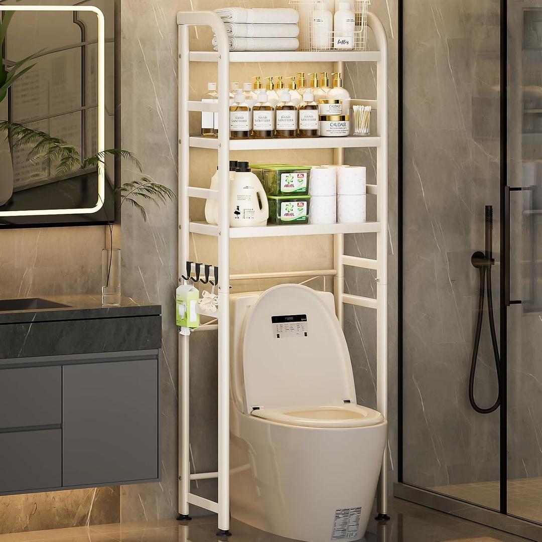 Over The Toilet Storage Rack, Space Saver for Small Bathroom, Cream | 3 Tier Freestanding Shelf Organizer, Heavy Duty Oval Tube, 4 Hooks, Metal, Sturdy Above Toilet Storage,Rustproof,Suction Cup