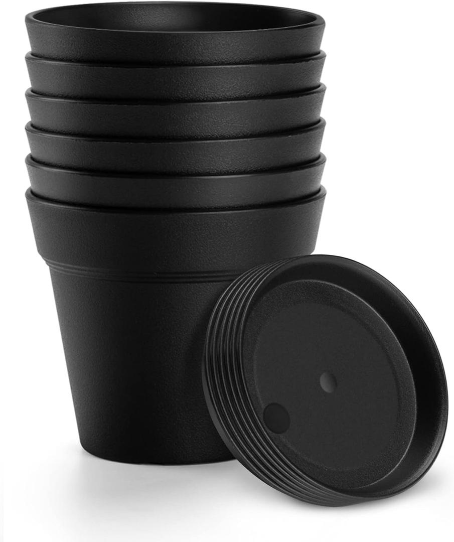6 Pack Plastic Plant Pots with Drainage Holes and Tray, 7 inch Thickened Indoor Planters Seedlings Nursery Pots for Flowers, African Violet, Succulent and All House Plants, Black