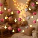 6.56FT Pom Poms Fairy Lights - 20 LED Battery Operated String Lights with Warm White Globe Balls - Cute Indoor Decor for Bedroom, Kids Room, Playhouse, Birthday, Baby Shower, Boho Aesthetic - Pink