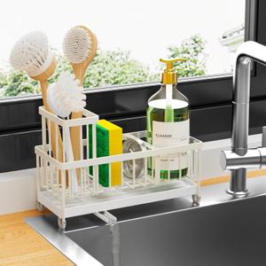 Cisily Sponge Holder for Kitchen Sink, Sink Caddy Organizer with High Brush Holder, Kitchen Countertop Organizers and Storage Essentials, Rustproof 304 Stainless Steel (Cream, 9.25)