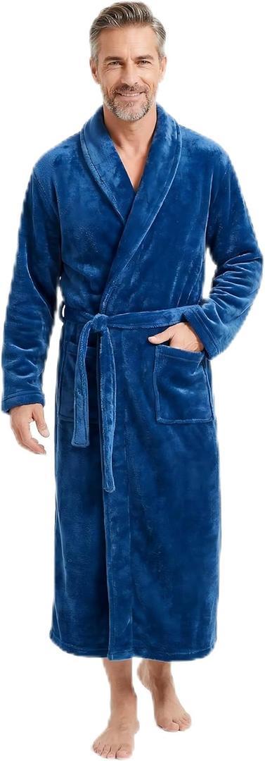 FG FEAYIGUDIM Men's Fleece Plush Bathrobe Full Length Big and Tall Shawl Collar Plaid Men Robe(Navy, L/ XL)