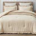 Chezmoi Collection Nora Light Sand Comforter Set Queen Size 3-Piece Lightweight Fluffy Soft Stone-Washed Ruffled Shabby Chic Bedding for All Season
