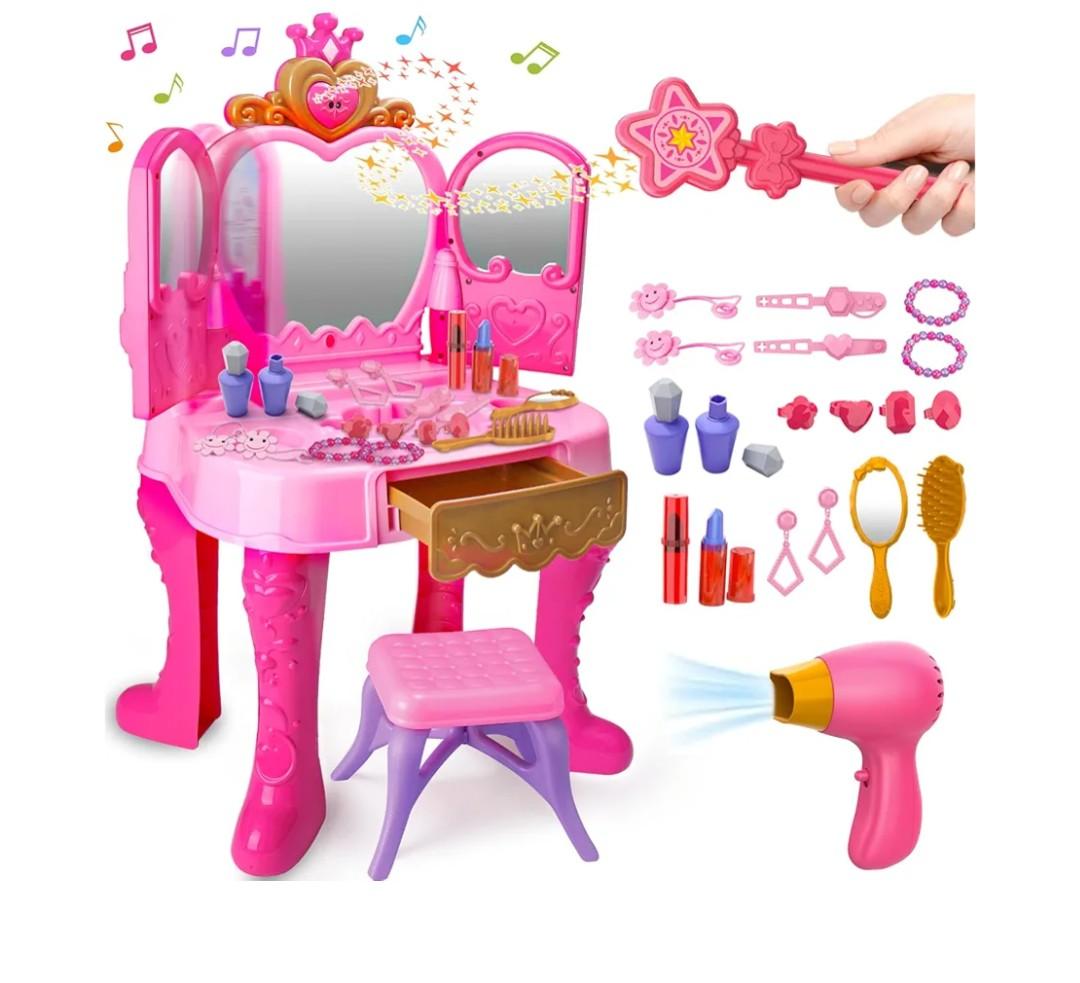 Toddler Vanity Magic Makeup Set Table & Chair Girl Toy Automatically Mirror with Music Light Pink Toys for 2 3 4 Year Old Girl Hair Salon Pretend Play Princess Dress Up Playset Valentine Gift age 3-5