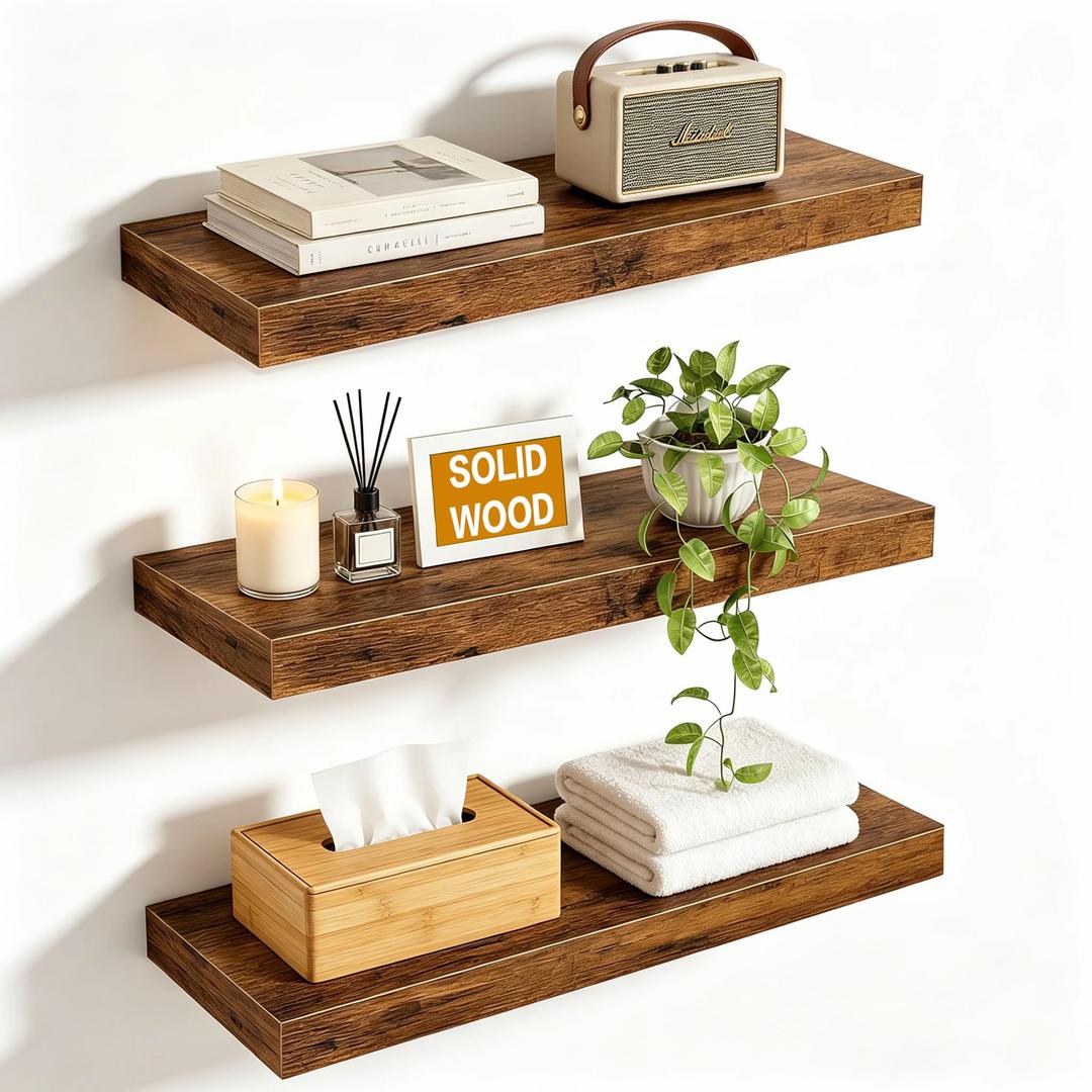 YIPINMUGE Wall Floating Shelves for Decor, Wall Mounted Shelf Set of 2,23.6" Hanging Shelf with Invisible Brackets, for Wall in Bathroom, Bedroom, Toilet, Kitchen, Living Room, Office, Rustic Brown