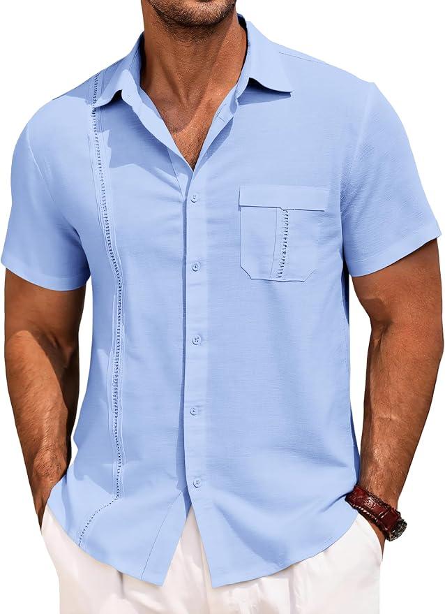 Runcati Mens Cuban Guayabera Shirts Button Down Short Sleeve Shirt Casual Mexican Summer Beach Wedding Tops with Pocket Sky Blue M