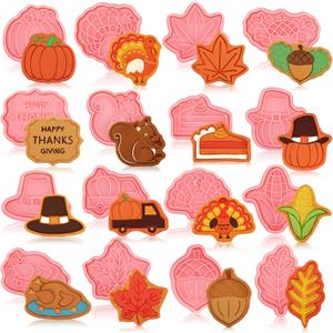 Hoolerry 16 Pcs Thanksgiving Cookie Cutter with Plunger Stamp Set Fall 3D Biscuit Cutter Pastry Fondant Embossing Maple Leaf Turkey Pumpkin Mold for Baking Supplies