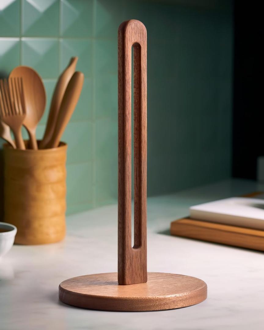 Acacia Wooden Paper Towel Holder Stand for Jumbo Roll - Stylish Kitchen Paper Rack Bathroom Towel Roll Stand Organizer, UA, Solid Wood Simply Standing Countertop Paper Roll Holder, Large