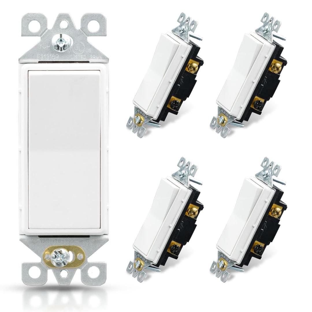 ELEGRP 3 Way Decorative Light Switch, 15Amp, 120-277 Volt, AC Decorator Rocker Paddle Wall Switch Replacement, Self-Grounding, Residential and Commercial Grade, UL Listed (5 Pack, Glossy White) (Without Wall Plate)
