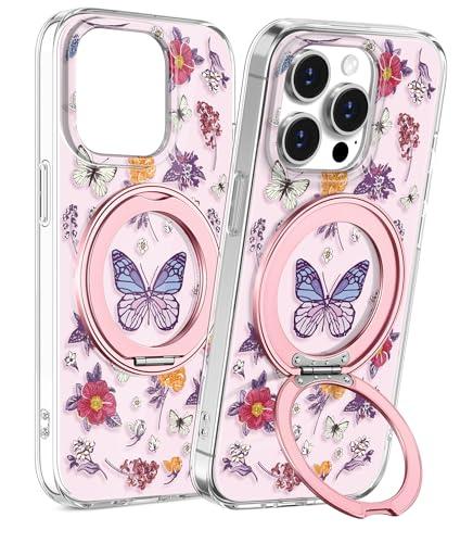 Loheckle for iPhone 15 Pro Max Case with Stand- Compatible with MagSafe Women Girls Cute Girly Unique Design Soft TPU Magnetic Ring Phone Cover for Apple 15 Promax, Butterfly Flower