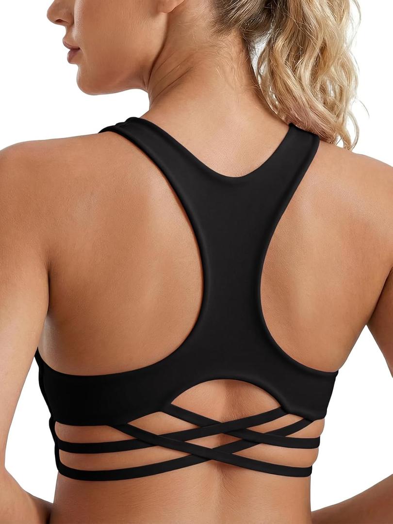 Aoysky Womens Racerback Criss Cross Sports Bras V Neck Padded Low Impact Wireless Workout Athletic Yoga Crop Tops, Black, M