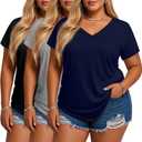 Evervibe 3 Pack Women's Plus Size T-Shirts, V Neck Short Sleeve Shirts Loose Fit Curved Hem Tees Casual Swing Tops (Black), XXL
