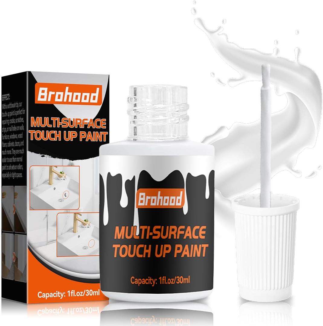 Brohood White Touch Up Paint, Appliance Kitchen Cabinet Bathtub Paints for Wall, 30ML Multi Surface Touch Up Paint, Semi Gloss White Wall Paints for Enamel Porcelain Door Furniture Chips Scratches (1 Fl Oz (Pack of 1))