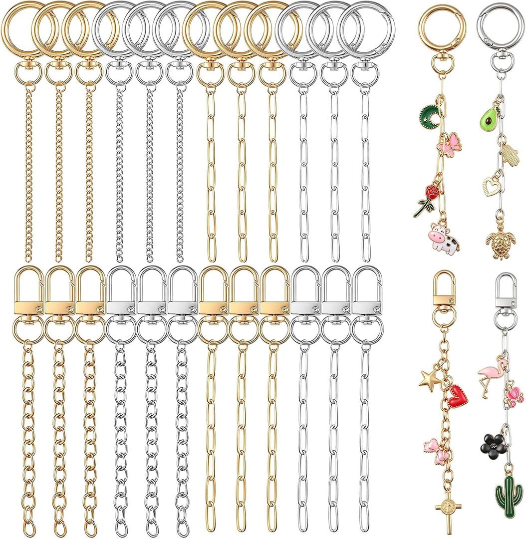 24 Pcs Keychain Making Kit Keychain Charms Making Kit Swivel Hook Lobster Claw Clasps Extender Chain for DIY Craft Lip Gloss Jewelry Keychains Bags Accessories Gift (Gold and Sliver)
