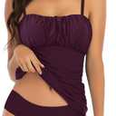 Women's Ruched Square Neck Tankini Set Two Pieces Ruched Tummy Control Suimsuit with Mid Waist Briefs (XX-Large, Purple)