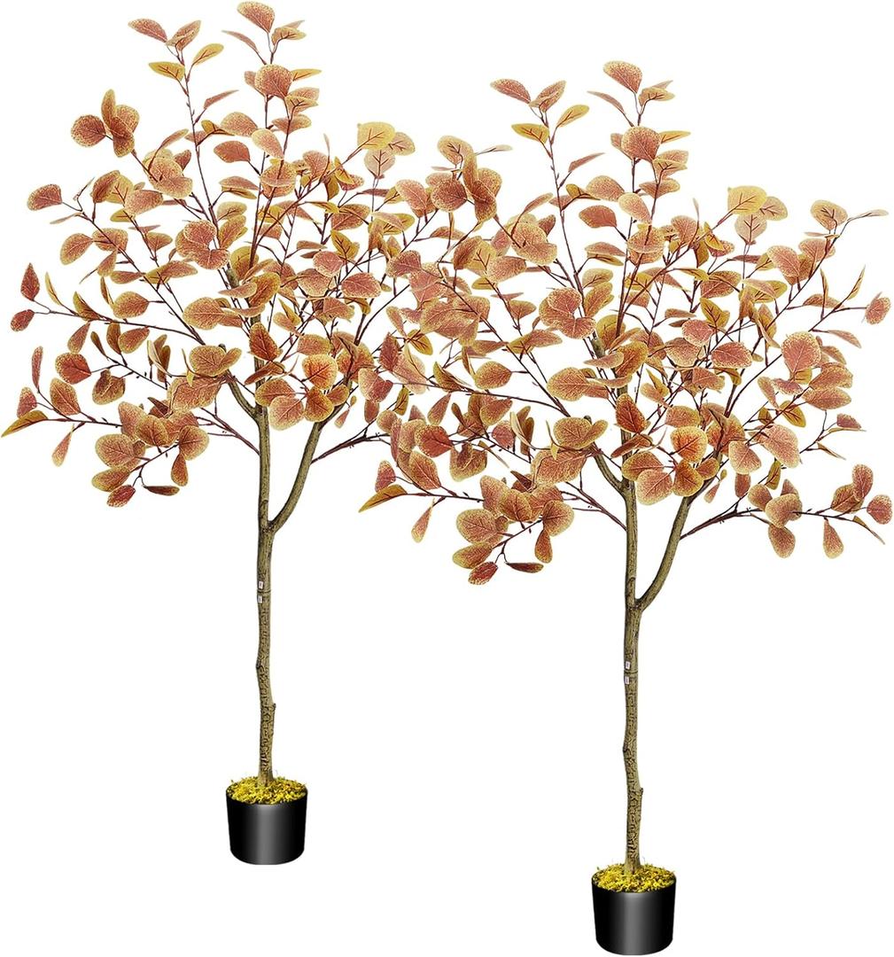 HUAESIN 5FT Fall Trees 2 Pack Autumn Eucalyptus Artificial Tree for Fall Decor Silk Fake Plants in Plastic Pot Farmhouse Indoor Decor Home Thanksgiving Christmas Outdoor Decorations