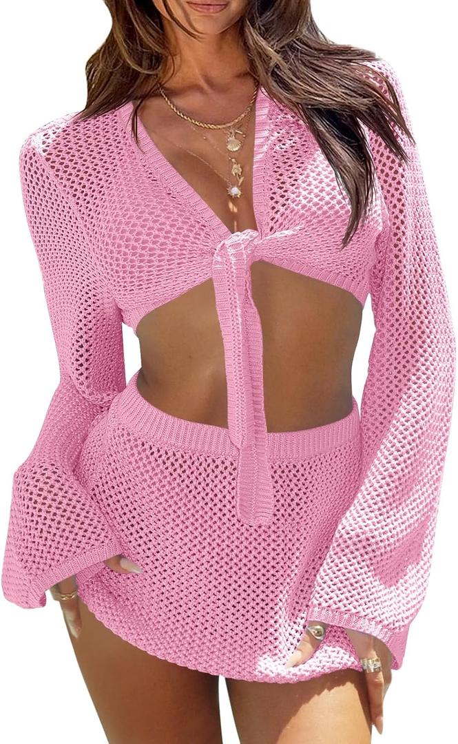 Fisoew Womens Crochet Swimsuit Coverups 2 Piece Bathing Suit Cover Up Long Sleeve Tie Front Crop Top Mini Skirt Sets (Pink, L)