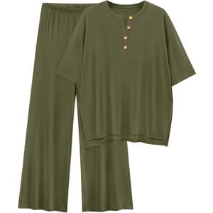PRETTYGARDEN 2 Piece Lounge Sets for Women Summer 2025 Short Sleeve Tops Wide Leg Pants Matching Travel Outfits Clothing (Army Green,X-Small) (XS)