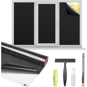Kromapolis Blackout Window Privacy Film Total Light Blocking Room Darkening Window Covering, Removable Static Cling Frosted Glass Tint, Non-Adhesive, Black 35.4'' x 118.1''