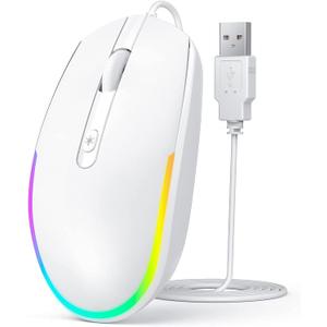 Seenda Wired RGB Backlit Optical LED Mouse - USB Cord for Laptops, Notebooks, Chromebook (White)