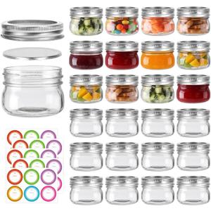 4 oz Mason Jars With Silver Lids and Bands, 24 Pack Regular Mouth Canning Jars for Jam, Honey, Yogurt, Candy, Spices, Snacks, DIY Projects, Wedding Favors- Includes 30 Stickers