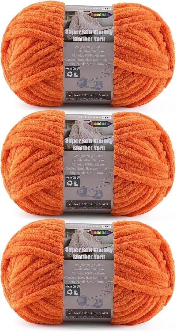Velvet Chenille Yarn for Crocheting Super Bulky - 3 Skein of 200g/7oz - Ultra Soft Baby Blanket Chunky Plush Yarn for Knitting Amigurumi Crochet Thick Blankets (76.6 yds) (3, Orange)