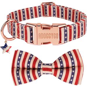 ADOGGYGO American Flag Dog Collar with Bow, Detachable Striped Star Bow, Metal Buckle, Adjustable Patriotic 4th of July Collars for Large Dogs Boy Girl Male Female (Large)