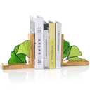 Maitys Ginkgo Leaf Bookends with Oak Wood Base Stained Glass Novelty Bookends Organizer Cute Book Ends for Shelves Desks Libraries Book Lover Gift (Green)