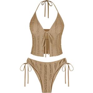 ZAFUL Tankini Swimsuits for Women Smocked Ruffles Tie Front Bowknot Textured High Cut Tanga Tankini Set (Medium, 11-coffee)