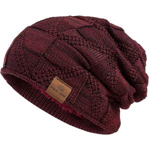 PAGE ONE Mens Winter Slouchy Beanie Warm Fleece Lined Skull Cap Baggy Cable Knit Hat (Wine Red)
