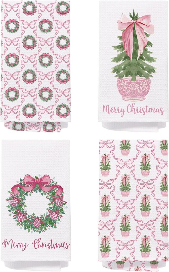 Chinoiserie Christmas Kitchen Towels, Pink Bow Coquette Christmas Tree Dish Towels for Kitchen Bathroom, Pink Christmas Hand Towels for Bathroom Kitchen, Grandmillennial Decor,Set of 4,16x24 Inches
