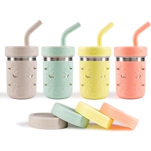 Pandaloo Smoothie Cups for Kids - Stainless Steel Toddler Tumbler with Straw, Sippy Cup for Smoothies - BPA-Free, Toddler Snack Cups, 10 oz (Pack of 4, Creamy Mushroom/Sage/Lime/Peach)