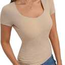 Belle Poque Women's Short Sleeve Square Neck Tops Slim Fit Ribbed Knit Basic Tee Tops Spring Summer Casual 2026 (Beige, S)