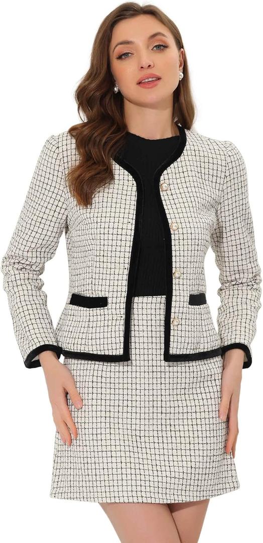 Allegra K Business Suit Set for Women's 2 Piece Outfits Plaid Tweed Easter Short Blazer Jacket and Skirt Sets (Medium, White)