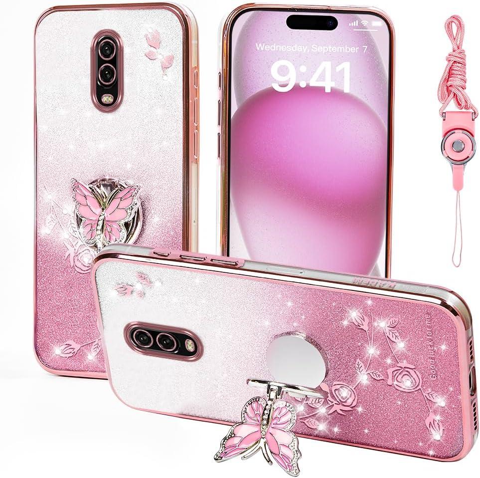 for Oneplus 6T / Oneplus 7 Phone Case,for Plus One 1+6t / 1+7 Mobile Phone Case for Women and Girl, Glitter Butterfly Floral TPU Protective Cover with Kickstand+Strap for Oneplus 6t (Pink)