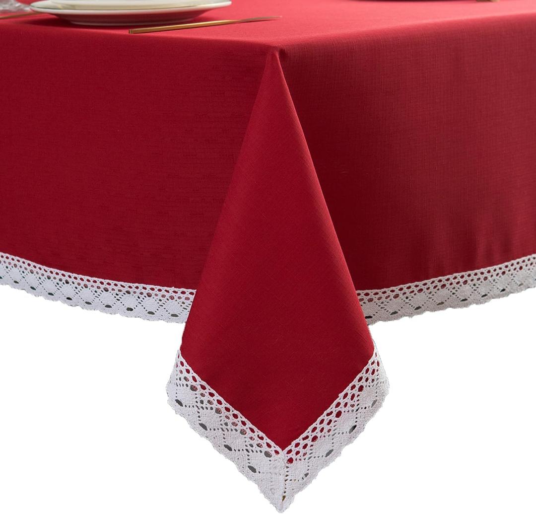 EHouseHome Faux Linen Tablecloth with Lace Trim - Waterproof/Spill Proof/Stain Resistant/Wrinkle Free/Oil Proof - for Banquet, Parties, Dinner,Wedding,Holiday, Red, Rectangle 60x120Inch