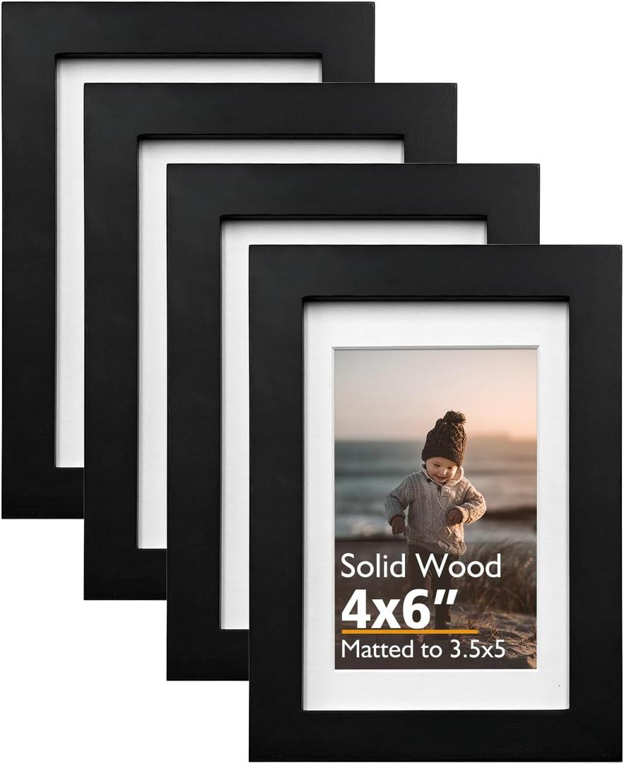 KINLINK 4x6 Frame Black, Solid Wood 4 x 6 Picture Frame with Acrylic Plexiglass for 3.5x5 with Mat, Tabletop and Wall Display Photo Frames 4x6 Black, 4 Pack