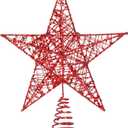 DERAYEE Christmas Star Tree Topper, Xmas Red Glittered Treetop Metal Hollow Tree Star for Christmas Tree Decorations, Holiday Party Indoor Decor